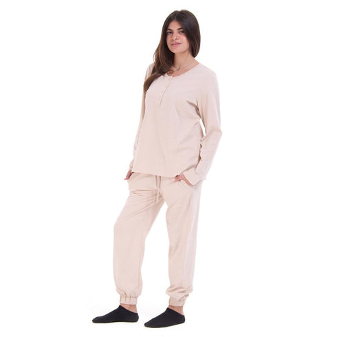Women Fall Pajama Set Cream buttoned sweatshirt + pants